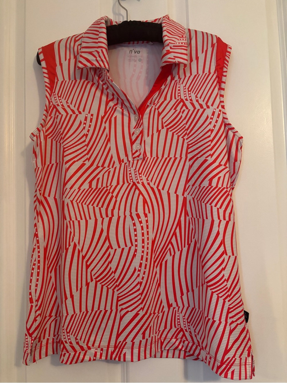NVO - Women’s Sleeveless Polo Top in Red/Orange and White. Size M